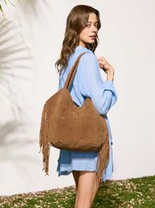 SHECARRY Women's Boho Suede Tote Bag With Tassel Trim - Rich Brown Large Capacity Shoulder Bag For Vacation, Travel & Daily Use, Stylish Spacious Chic Beach Bag