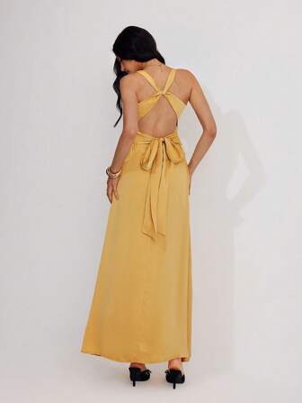 Roylia 缎纹面料，纯色，合身，深 V 领，露背，扭纹，胸部褶皱，腰部收紧，露背，后背超大蝴蝶结，交叉后肩带，超大喇叭下摆，节日，度假，婚礼，宴会，派对，正式场合，优雅，性感，奢华，浪漫，简约，女士长裙，春夏