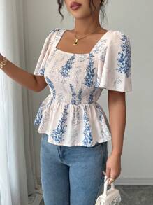Elenzga Blusa ajustada con estampado floral elegante y volantes en el bajo, estilo casual de oficina/vacaciones romántico para el Día de la Independencia, la graduación y el regreso a la escuela