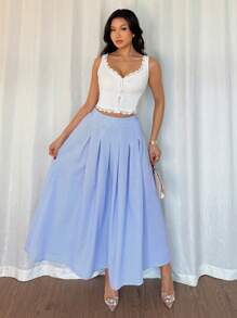 Chiquease 女式休闲条纹印花褶皱喇叭裙，春夏 - 藍色 - 查看 3