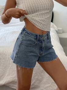 DAZY Women's Plain Pocket Frayed Hem Casual Denim Shorts Y2k - Dark Wash - View 2