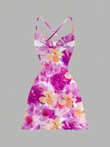 SHEIN MOD Váy ngắn cổ yếm in họa tiết hoa màu tím/hồng thanh lịch giản dị, thích hợp cho kỳ nghỉ hè - Nhiều màu - Xem 2
