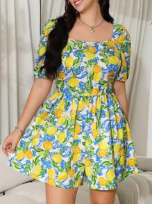 SHEIN EZwear 大码女式水果印花短款泡泡袖度假连体裤