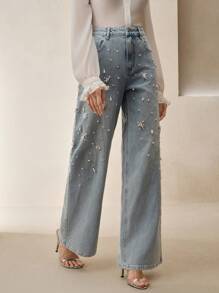 Anewsta Women Casual Distressed Crystal & Faux Pearl Straight-Leg Pants