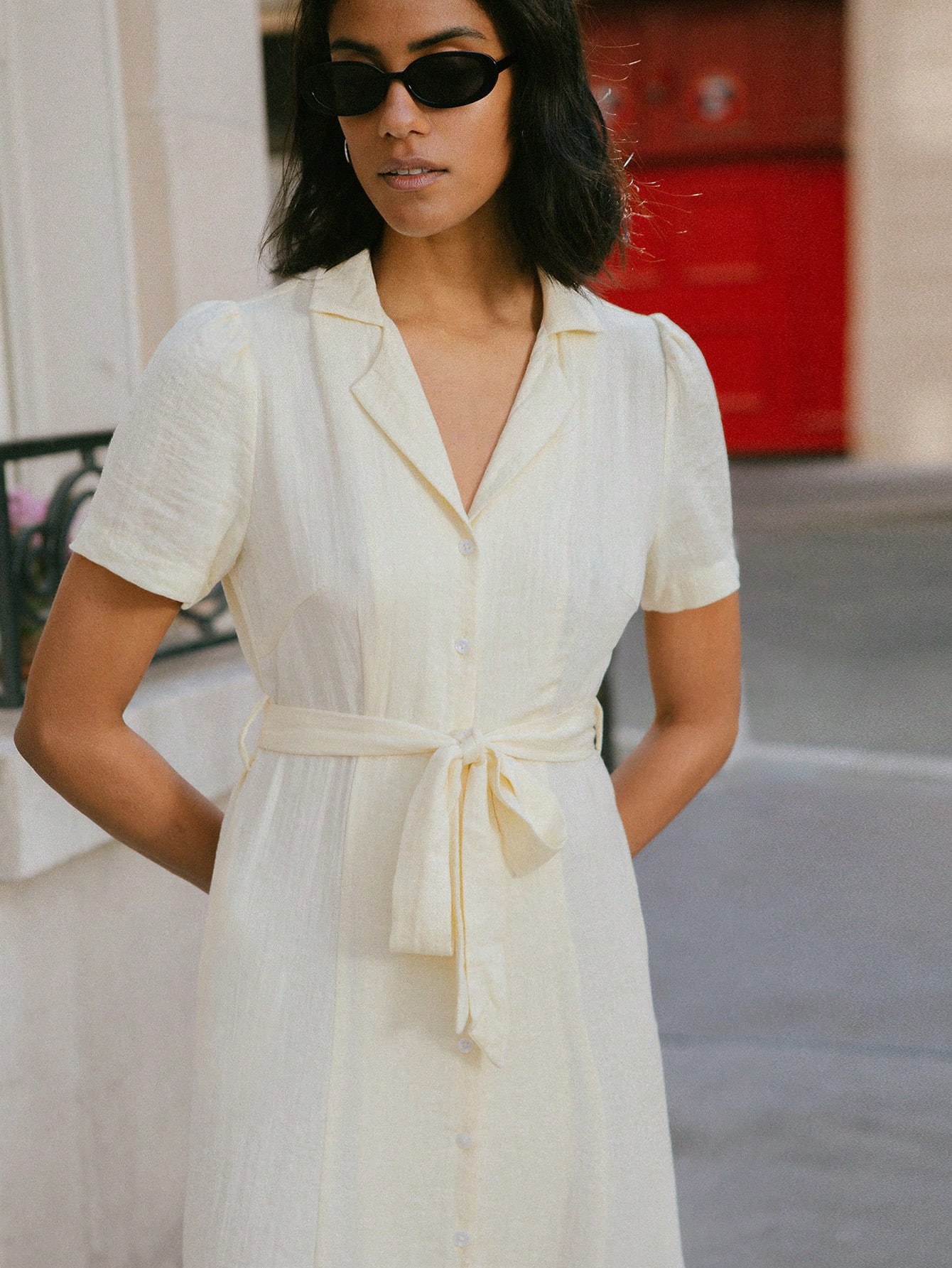 Butter Yellow Vintage Button Front Tie Waist Midi Dress Office Outfits For Women Teacher Dress Office Dress Spring Dress