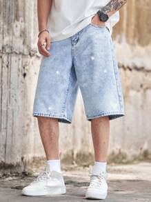 Manfinity Homme 男士宽松带口袋休闲阔腿牛仔百慕大短裤 - 淺色水洗藍 - 查看 1