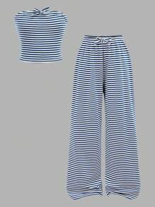 SHEIN Girlism Conjunto de Top Canelada Listrada Azul Marinho e Branca com Laço e Calça Pantalona Larga, Estilo Vintage Confortável e Casual, Adequado para Meninas Tween em Casa