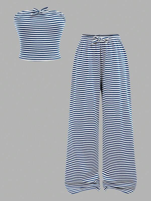 SHEIN Girlism Tween Girls Casual Home BM Style Elastic Comfortable Knit Classic Vintage Striped Matching Navy Blue & White Striped Bow Tube Top & Wide-Leg Pants Set