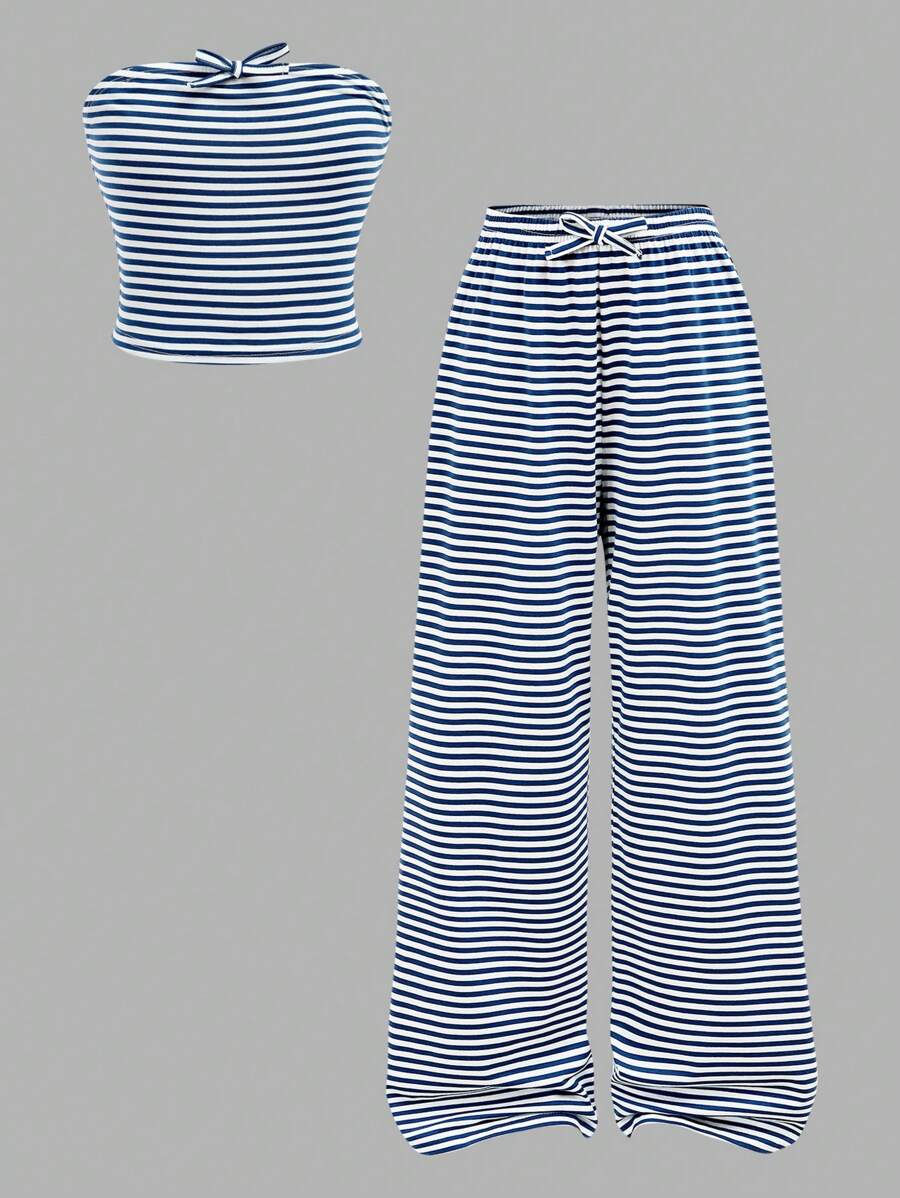 SHEIN Girlism Conjunto de Top Canelada Listrada Azul Marinho e Branca com Laço e Calça Pantalona Larga, Estilo Vintage Confortável e Casual, Adequado para Meninas Tween em Casa