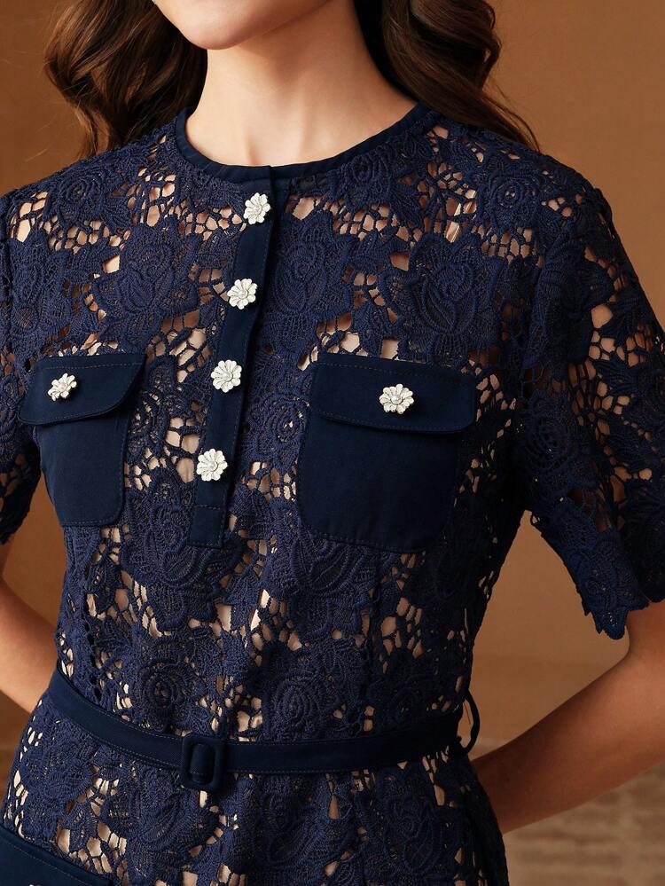 Women Elegant Blue Lace Trim Knee-Length Short Sleeve Casual Dress, Suitable For Spring, Summer, Festivals And Holiday
