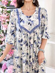 SHEIN Lacomfia Women's Printed Round Neck Lace Trim Patchwork Flare Dress - Blue - View 3