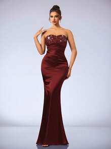 Coutiva High-End Banquet Dress, Sequin Patchwork Design Off-Shoulder Elegant Formal Dress For Parties - Burgundy - View 7