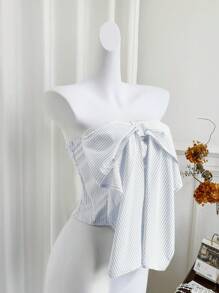 Sweetra Spring-Summer Bowknot Stripe Slim-Fit Sleeveless Cropped Shoulder-Revealing Blouse, Versatile - Blue - View 5