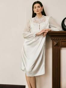 Moireta 法式优雅蕾丝缎面女士睡袍 - 白色 - 查看 3