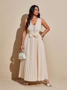Viva Relle Đầm xòe không tay xếp ly cổ chữ V sâu đính ngọc trai thanh lịch lãng mạn cho nữ cỡ lớn - Màu be - Xem 5