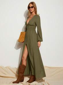 COSMINA 女士优雅棕色高开叉长袖连衣裙，适合夏季度假 - 軍綠色 - 查看 3