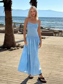 SHEIN EZwear Women's Summer Solid Color Ruffle Trim Maxi Slip Dress For Resort Vacation