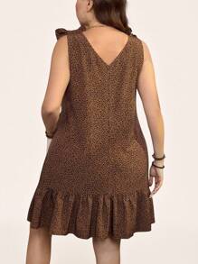 SHEIN LUNE Plus Size Summer Ruffle Hem Brown V-Neck Sleeveless Bow Decor Dresses Sundress, Vacation Style - Multicolor - View 2
