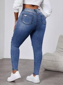 Slaydiva Zerrissene schwarze enge Jeans in Große Größen, bequem und dehnbar - Helle Waschung - Übersicht 2