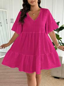 SHEIN Frenchy Plus Size Casual Vacation Textured Plaid V-Neck Loose Babydoll A-Line Dress,Summer Dresses For Women,Dresses Casual