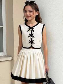 SHEIN 青少年女孩无袖蝴蝶结开衫上衣和百褶裙两件套优雅套装，夏季 - 白色 - 查看 2