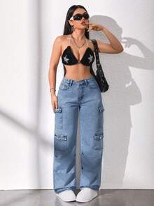 SHEIN Unity 女式实用口袋阔腿宽松休闲百搭牛仔裤 - 中等水洗藍 - 查看 5