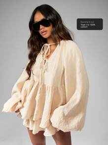 MISSGUIDED 波西米亚风格粗棉布两件套，带灯笼袖系带上衣和配套飘逸短裤，夏季海滩度假休闲服套装 - 杏色 - 查看 7