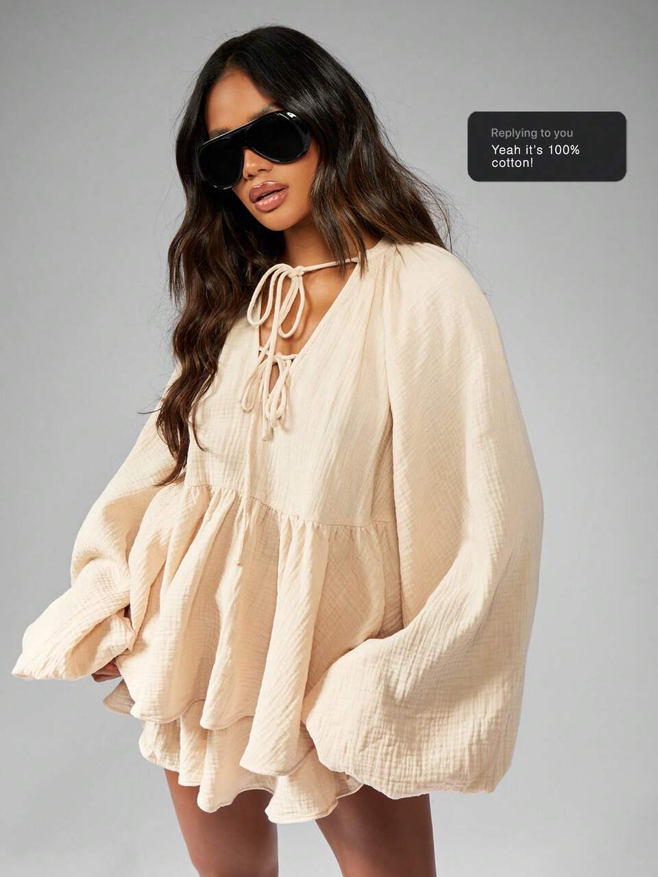 MISSGUIDED Bohemian Cheesecloth Two-Piece Set With Balloon Sleeve Tie-Front Blouse And Matching Floaty Shorts Summer Beach Resort Wear Lounge Set