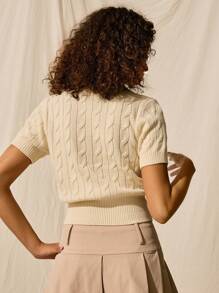 Easelle Cartoon Patched Detail Cable Knit Round Neck Short Sleeve Summer Top - Beige - View 3