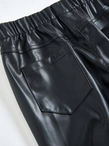 SHEIN 青少年男孩休闲百搭舒适弹力PU直筒纯色针织裤 - 黑色 - 查看 5
