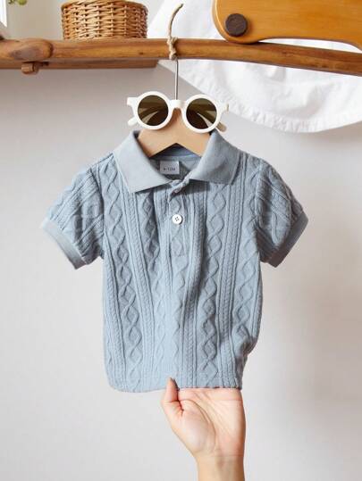 SHEIN Vintaside Kids 1pc Baby Boy Gray-Blue Color Knitted Short Sleeves Polo Shirt. Made Of Special Textured Knit Fabric With Unique Weaving Pattern, Has Snap Button At Neckline For Easy On/Off, Ribbed Cuffs. Suitable For Spring/Summer, Infant Baby Boys Clothes,Kid Clothes,Toddler Clothes, Baby Outfit, Baby Tops,Baby Boy Shirt,6M-3T