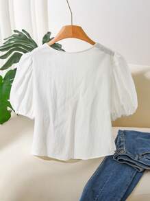 CosyJoli Plus Size Casual Embroidered Puff Sleeve Tie-Front Top,Slightly Sheer - Blue and White - View 2