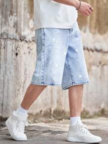 Manfinity Homme 男士宽松带口袋休闲阔腿牛仔百慕大短裤 - 淺色水洗藍 - 查看 3