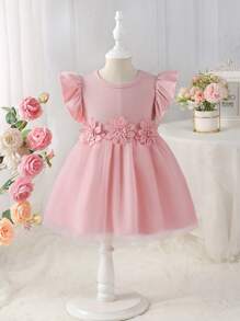 Glamorique Kids Girls' Wedding Flower Girl Elegant 3D Floral Gauze Cap Sleeve Dress, Suitable For Parties, Festivals, Summer Baby Girls Party Dresses Pink Dress For Girls Pink Flower Girl Dress Fall Winter - Pink - View 3