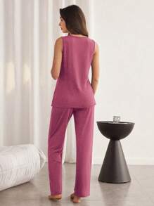 SHEIN Soft & Cozy Tank Top & Pants Lounge Pajama Set, Casual Style, Outfits - Hot Pink - View 2