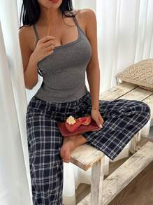 SHEIN 女士两件套休闲露背撞色蕾丝紧身吊带背心和格子裤睡衣 - 深灰色 - 查看 5