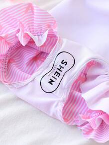 SHEIN Baby Girl Cute Bow Pattern Printed Double Layer Ruffle One-Piece Swimsuit, Pink Striped,Perfect For Summer Beach Vacations