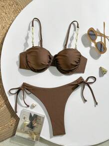 Swim Chiccia 2 Stücke Einfarbiger Draht-BH Cami Top mit Perlen Deko und seitlich gebundenen String Bikini Unterteil Set, Frauen Bademode für Strandurlaub im Sommer - Kaffeebraun - Übersicht 1
