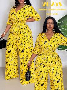 Veslaya 2022 年新款女式加大码黄色圆点印花褶皱泡泡袖腰部聚拢宽松阔腿连体裤，适合海滩度假、热带度假、海滩派对、通勤 - 彩色 - 查看 6
