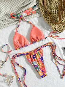 Swim Mod 1 Set/2 Stücke Frauen sexy Neckholder grafischer Muster Party Bikini Set & Strandüberwurf, Springbreak Lässig Strandparty - Verschiedenfarbig - Übersicht 2