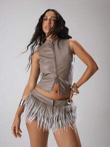 MUSERA Pu Leather Sleeveless Zip Up High Neck Top Spring, Summer, Holiday, Vacation, Ibiza, Festival, Rave, Cool Girl