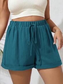 SHEIN VCAY Damen Große Größen Shorts Einfarbig mit Taillenband und umgeschlagener Baumkante, Lässig