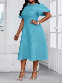 SHEIN Lady Elegant Blue Summer Wedding Guest Dress Women,Plus Size Knitted Textured Asymmetrical Neck 3D Rose Puff Sleeve Flared Midi Cocktail Party Dresses - Blue - View 6