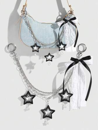 Grunge Punk 1 pieza Estilo Y2K Cadena hueca de plata hecha a mano con cuentas de moda gótica retro, colgante de estrella de cuentas de acrílico CCB, lazo de cinta de malla, accesorio colgante DIY para bolso y llavero, adecuado para mujeres, uso diario, regalo de vacaciones