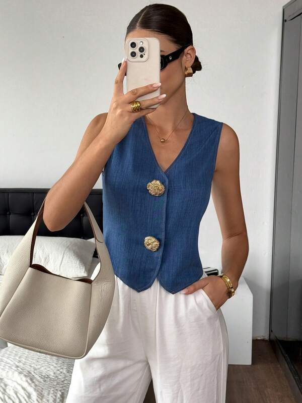 Siren Gaze Women's Sleeveless Commuter Solid Blue Large Button Embellished Shirt Cowboy Style Summer Tops Women's Summer Clothing