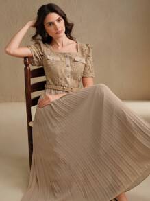 Anewsta Vestido de mujer nuevo, elegante, de línea A, de manga corta, con patchwork de encaje y gasa - Caqui - Ver 7