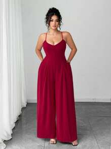 Elenzga 大码女式优雅长款连体裤，纽扣带褶腰裤，春夏 - 紅色 - 查看 5