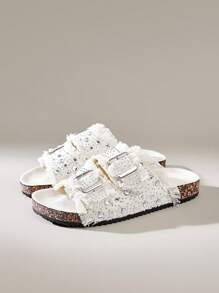 Solecia Women's Round Toe Rhinestone Fringed Fashion Daily Casual Sandals - Beige - View 2