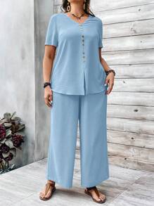 EMERY ROSE Plus Size Women's V-Neck Button Embellished Short-Sleeved Top And Wide-Leg Pants Khaki Color Two Pieces Set For Spring Summer Outfits For Women - Baby Blue - View 5