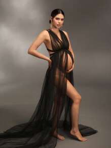 Cheriluna Maternity Robe de maternité pour séance photo, col cravate, dos nu, fendu, robe noire transparente